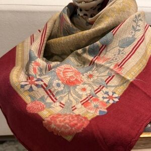 Vintage Hermes Natural and Burgundy Jeux de Paille Cashmere and Silk Scarf 90